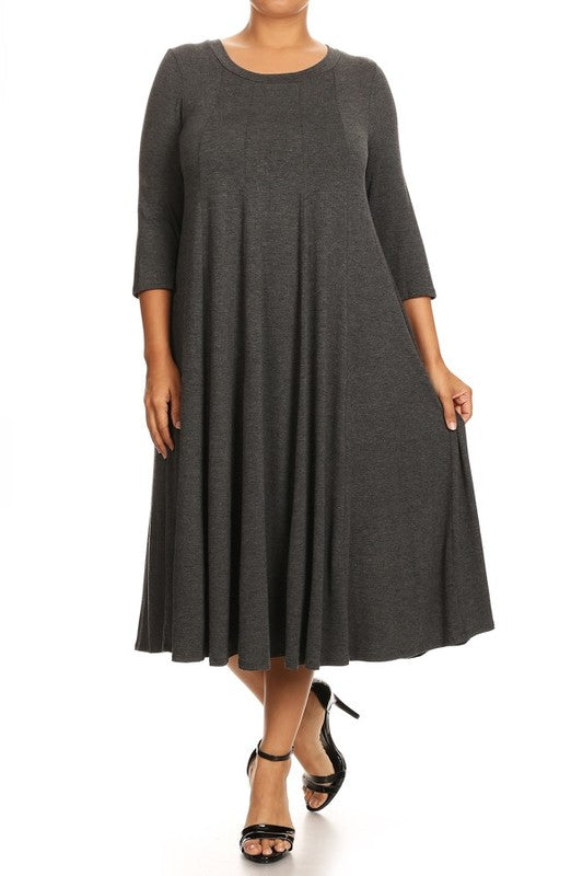 Women's Relaxed 3/4 Sleeve Solid Midi Dress