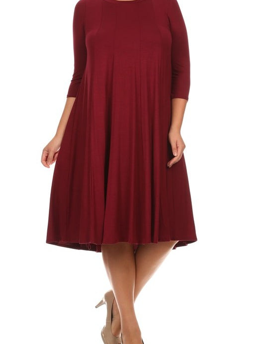 4 Sleeve Solid Midi Dress