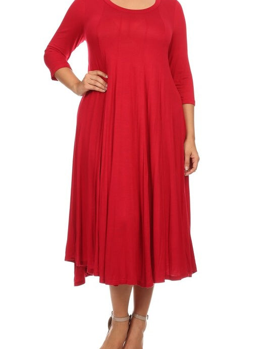 4 Sleeve Solid Midi Dress