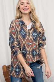 Women's Plus Oversized Fuzzy Aztec Button Down Shacket