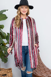 Women's Casual Stripe Velvet Long Cardigan