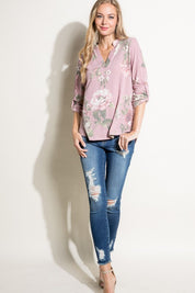 Women's Casual Floral Split Neck Long Sleeve Top