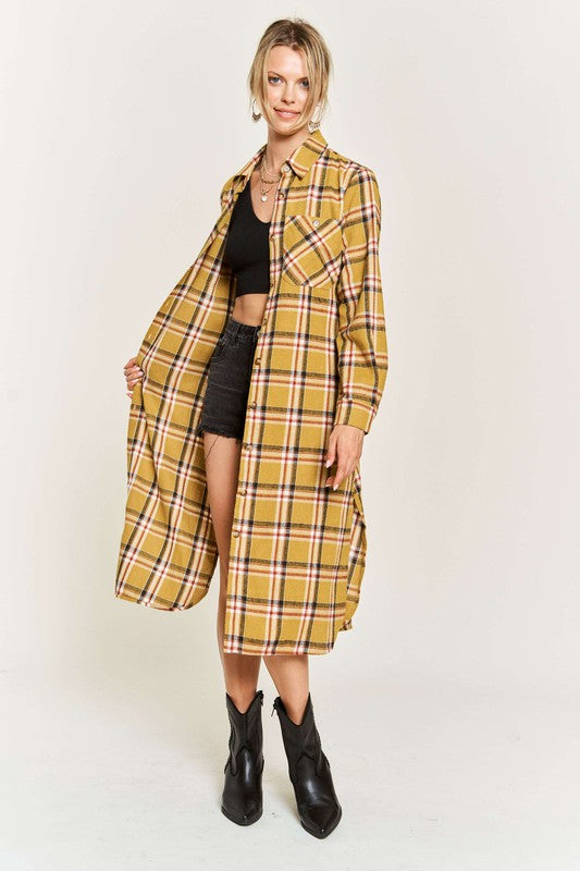 Women's Belted Plaid Print Long Shirt Dress