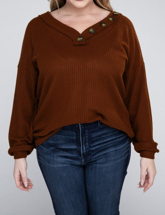 Plus Brushed Waffle V-Neck Button Detail Sweater