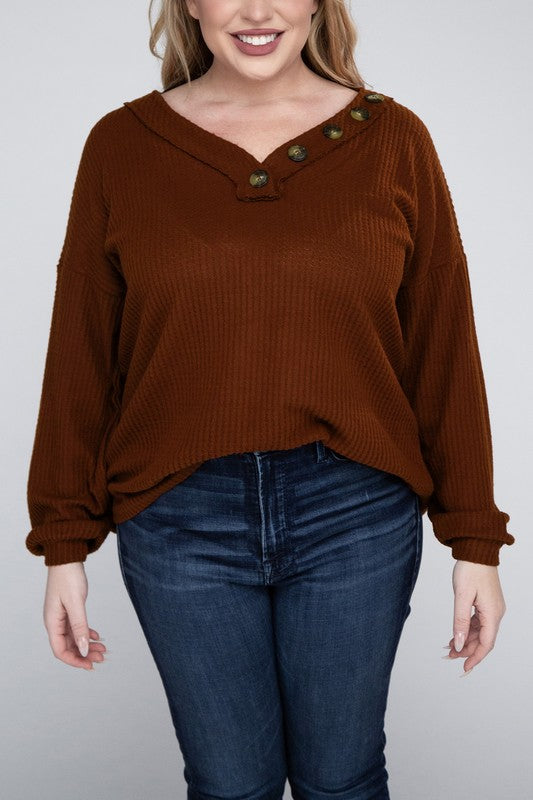 Plus Size Oversized Waffle Knit V-Neck Button Sweater