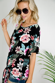 Women's Floral Ruffle Sleeve Tie Bottom Top