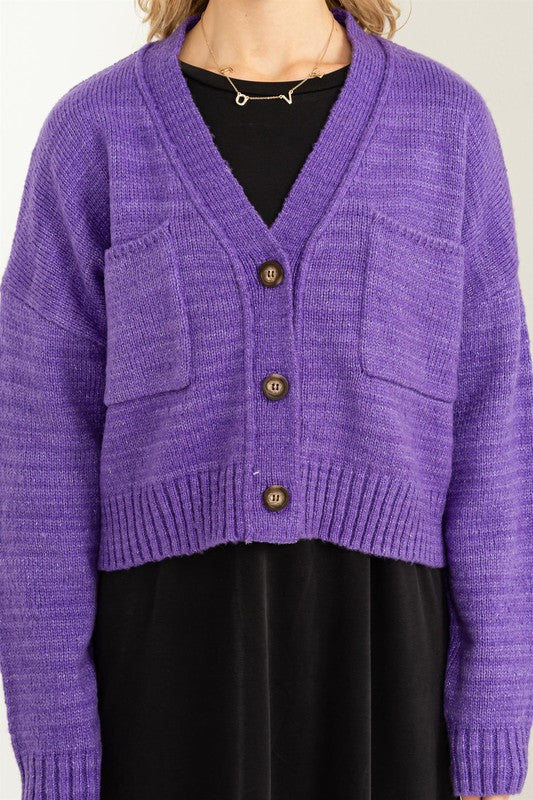 Women's Cropped V-Neck Cardigan Sweater with Button Closure