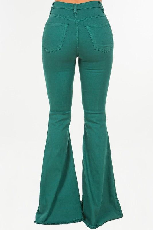 Women's High Rise Bell Bottom Jeans in Hunter Green