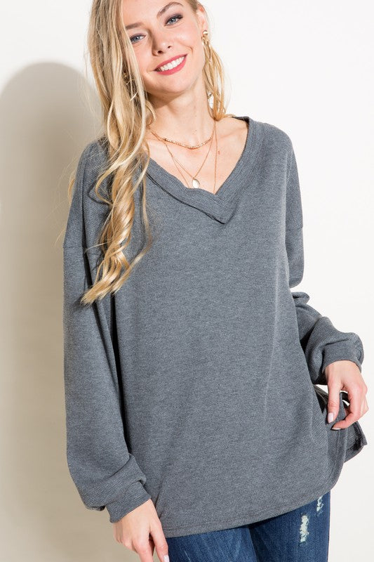 Women's Solid Waffle V Neck High Low Boxy Top