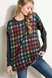 Women's Loose Fit Plaid Mixed Long Sleeve Top