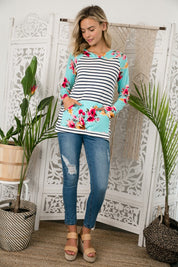 Women's Casual Stripe Floral Hoodie High Low Top