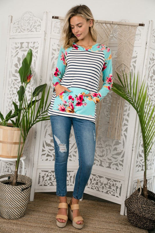 Women's Casual Stripe Floral Hoodie High Low Top