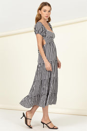 Women's Boho Gingham Print Maxi Dress with Tie Back