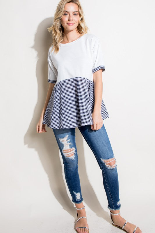 Women's Casual Checker and Solid Mix Tunic Top