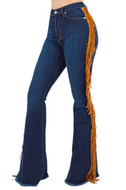 Women's High Rise Fringe Bell Bottom Jeans in Dark Blue