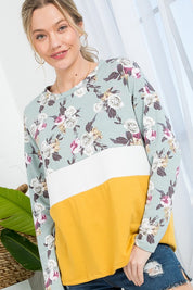 Women's Loose Fit Floral Colorblock Long Sleeve Top