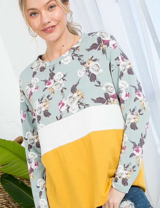 Women's Loose Fit Floral Colorblock Long Sleeve Top