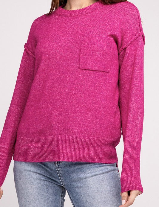 Melange Hi-Low Hem Round Neck Sweater