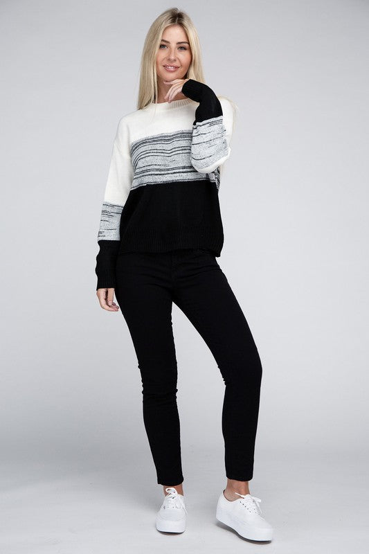 Women's Color Block Long Sleeve Round Neck Sweater