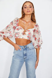 Women's Chic Floral Chiffon Balloon Sleeved Bustier Crop Top