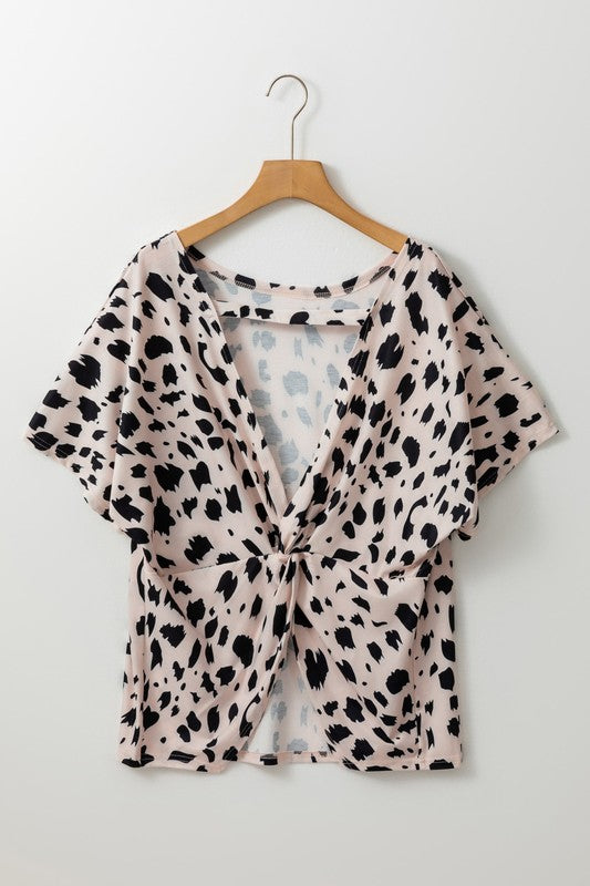 Women's Leopard Print Twist Open Back Plus Size Top