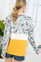 Women's Loose Fit Floral Colorblock Long Sleeve Top