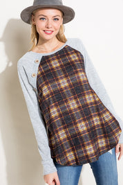 Women's Casual Plaid Mixed Button Detail Long Sleeve Top