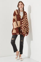 Women's Checkered Oversized Sweater with Button Closure