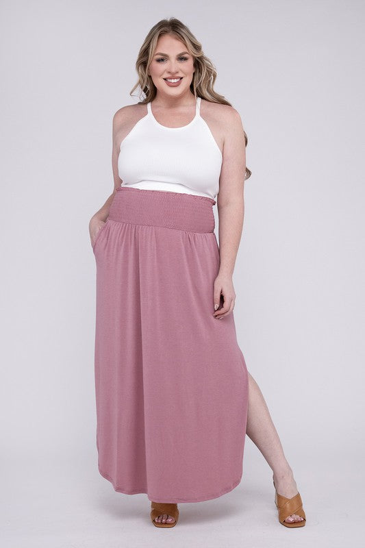 Women's Plus Relaxed Fit Smocked Waist Maxi Skirt with Pockets