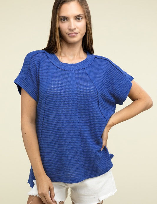 Brushed Waffle Exposed-Seam Short Sleeve Top