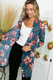 Women's Floral Long Sleeve Cardigan with Side Pockets