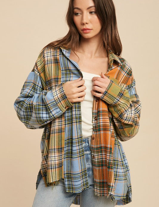 Women's Oversized Flannel Shirt with Patchwork Design