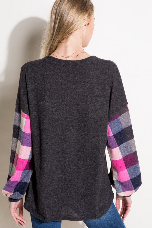 Plus Size Casual Multi Plaid Mixed Long Sleeve Top