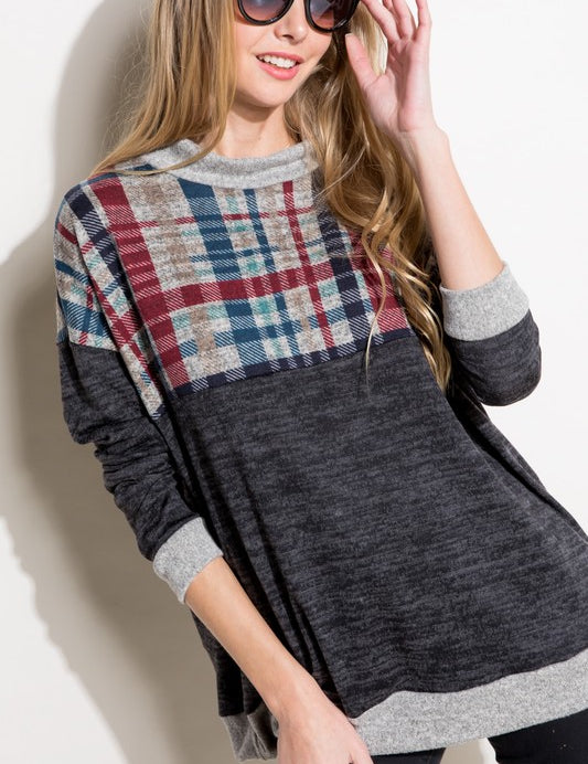 Plus Size Women's Casual Plaid Mock Neck Long Sleeve Top