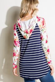 Women's Stripe Floral Mix Hoodie Top