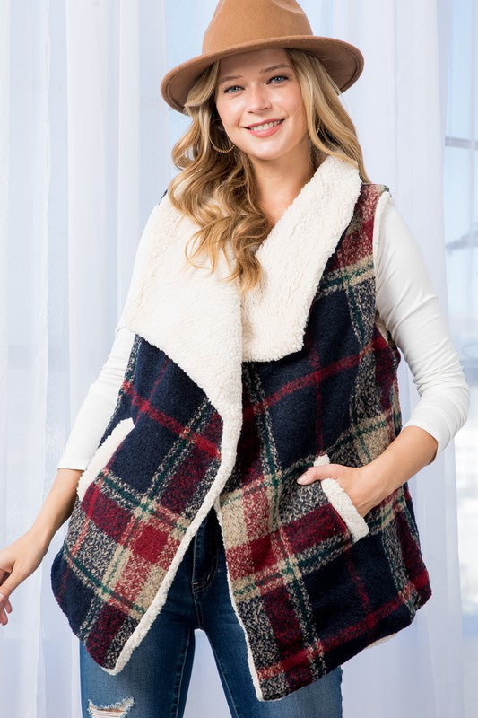 Women's Oversized Sherpa Lined Plaid Vest