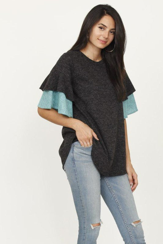 Women's Short Sleeve Color Block Ruffle Knit Top