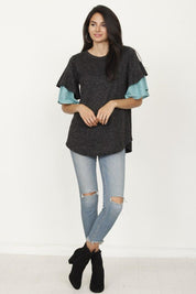 Women's Short Sleeve Color Block Ruffle Knit Top