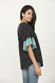 Women's Short Sleeve Color Block Ruffle Knit Top