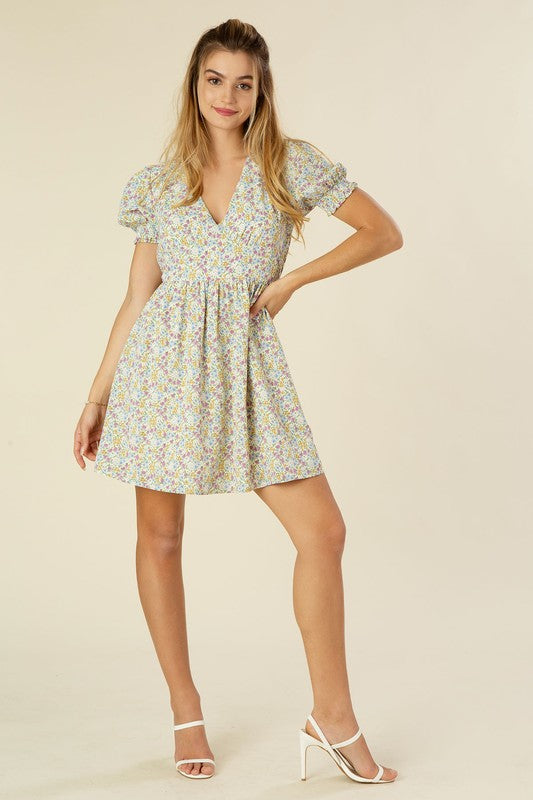 Women's Floral V Neck Puff Sleeve Dress