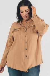 Plus Size Oversized Distressed Hem Button-Down Shirt