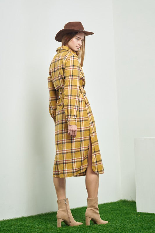 Women's Belted Plaid Print Long Shirt Dress