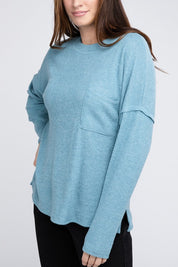 Women's Oversized Ribbed Melange Hacci Sweater with Pocket