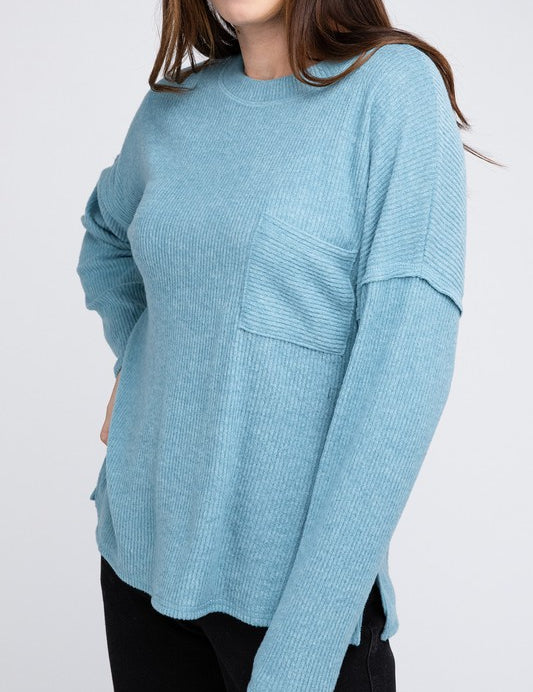 Ribbed Brushed Melange Hacci Sweater with a Pocket