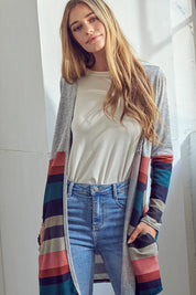 Women's Open Front Brushed Stripe Cardigan with Pockets