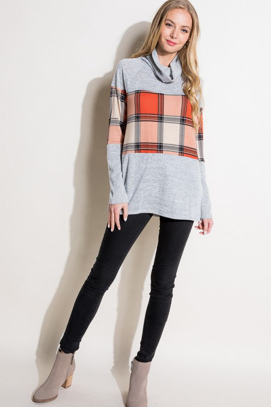 Women's Casual Loose Fit Plaid Mixed Turtle Neck Top