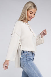 Women's Casual Ribbed Henley Sweater with Bell Sleeves