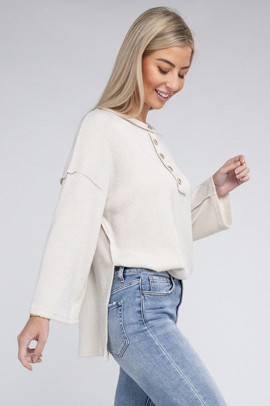 Women's Casual Ribbed Henley Sweater with Bell Sleeves