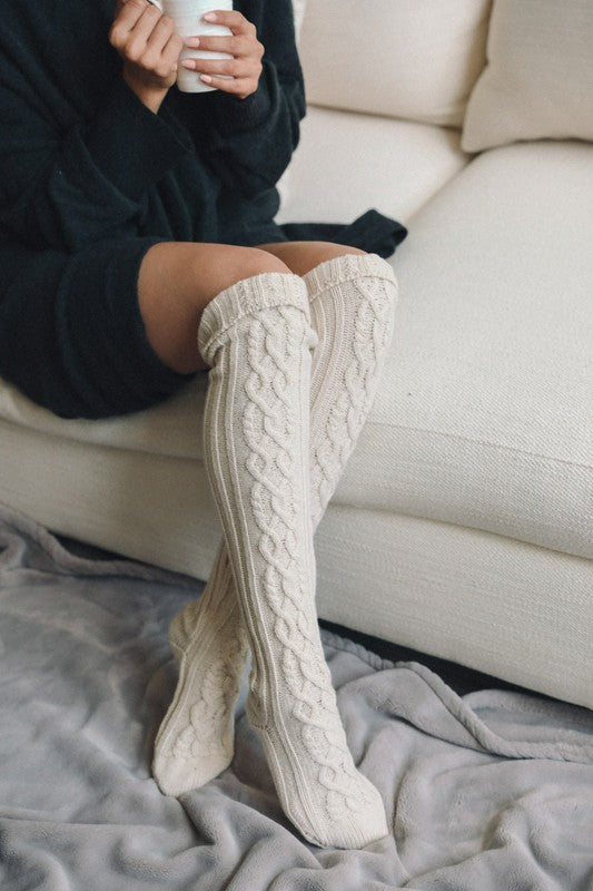 Women's Knee High Cable Knit Lounge Socks