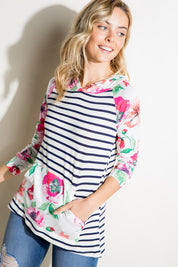 Women's Casual Stripe Floral Mixed Sweatshirt